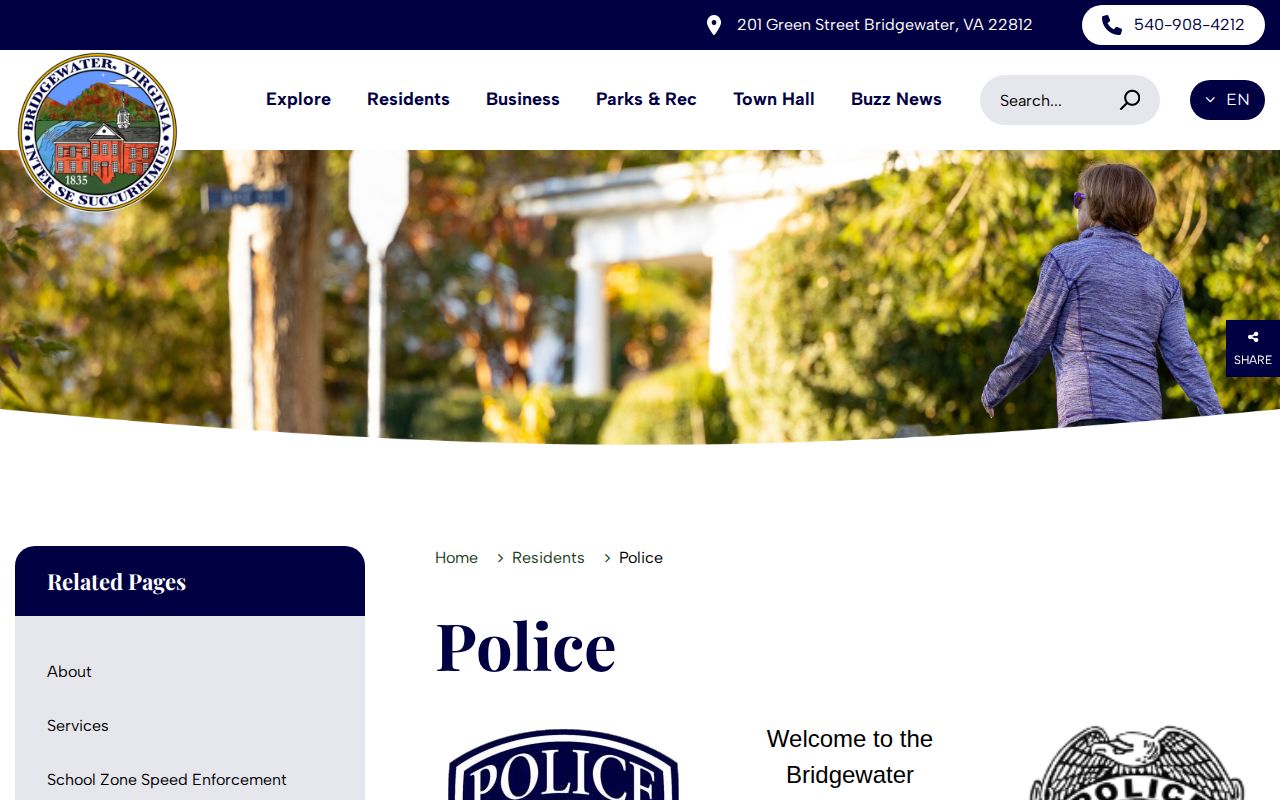 Bridgewater Police Department official page for Rockingham County arrest-record contacts